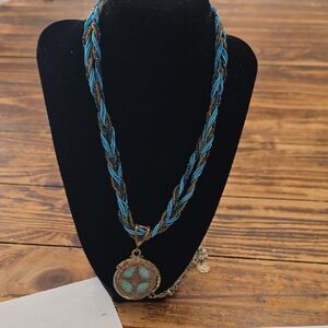 Braided Turquoise and Bronze Pendant Necklace - Women Jewelry